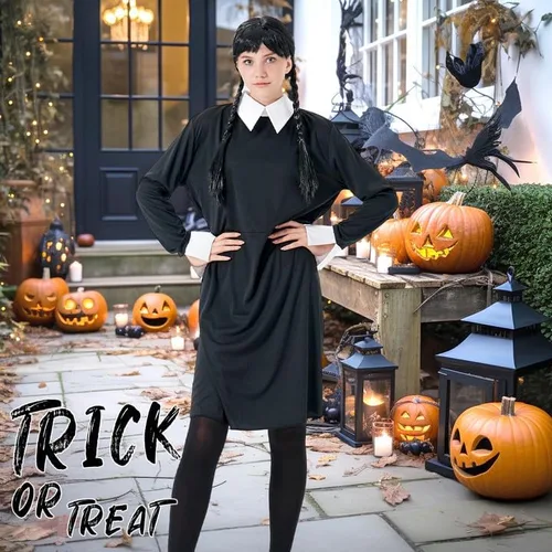 Vista 4 de Party Talk Wednesday Addams Dress for Women Girls, Halloween Costumes Cosplay Long Sleeve Peter Pan Collar Addams Family