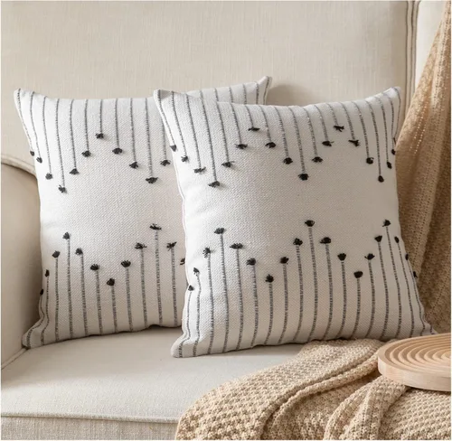 Vista 10 de Fundas de almohada boho de 12 x 20 pulgadas, juego de 2 almohadas decorativas para cama, fundas de almohada neutras color beige con línea negra