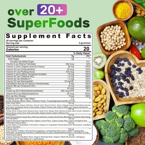 Vista 2 de Gomas Super Greens, alternativa en polvo de superalimento de verduras con espirulina, clorela, fibra prebiótica, probiótico, vegetales y frutas