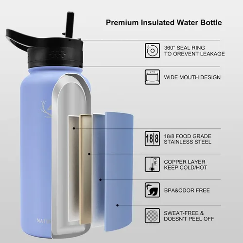 Vista 3 de NATURE PIONEOR Botellas de agua aisladas con mango de paracord - Botella de agua deportiva al vacío de boca ancha de 32 onzas con 3 tapas, acero