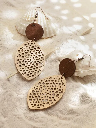 Vista 4 de MINACHI Bohemian Hollow Cut-Out Wood Leather Dangle Drop Earrings, Boho Chic Hippie Statement Jewelry Gift for Women