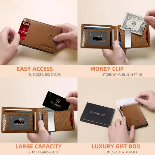Vista 157 de RUNBOX - Carteras delgadas para hombre, cartera de piel con pinza para el dinero, cartera de bolsillo frontal con bloqueo RFID, tarjetero