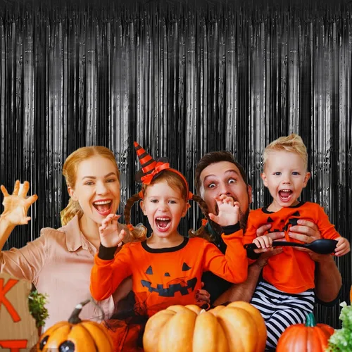 Vista 5 de Paquete de 2 cortinas de oropel negras de 3.28 x 6.56 pies, decoración de telón de fondo de fiesta con flecos metálicos para Halloween, Navidad