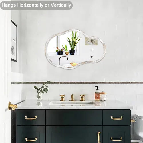 Vista 5 de Espejos asimétricos para pared, espejo de marco de madera irregular blanco, moderno, único, ondulado, para colgar en el baño, tocador, dormitorio
