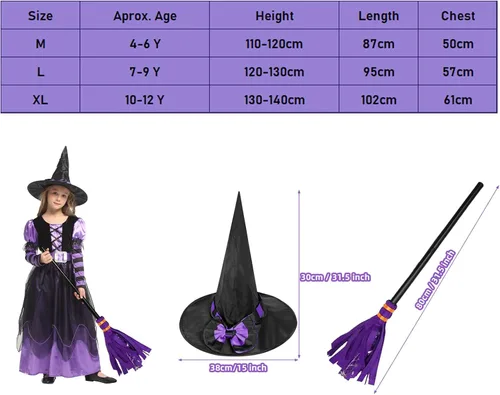 Vista 7 de Witch Costume Girls Halloween Witch Dress Costumes Kids Deluxe Witch Hat Broomstick Halloween Candy Bags Fancy Dress Up Party
