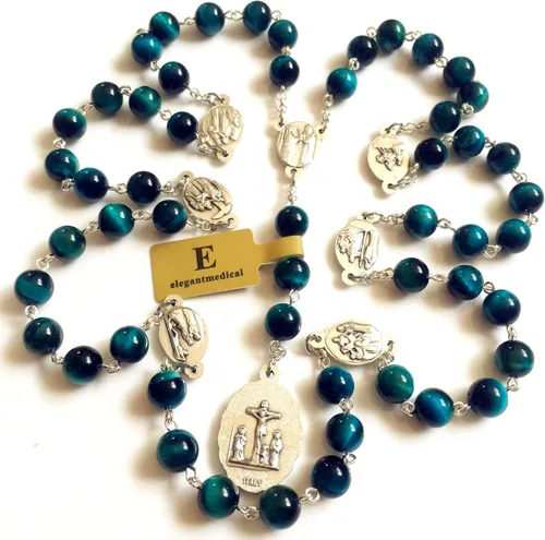 Vista 2 de elegantmedical Hecho a mano Rara Pavo Real BuleTiger Eye Jade Cuentas Siete 7 PELÍCULAS MARÍA MEDALLA Rosario Collar Regalos Católicos, Vidrio