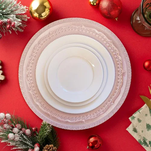 Vista 2 de Platos de carga de 13" de aluminio rosa, juego de 6 platos elegantes con relieve de encaje, platos de servidor redondos para plato de cena, juego