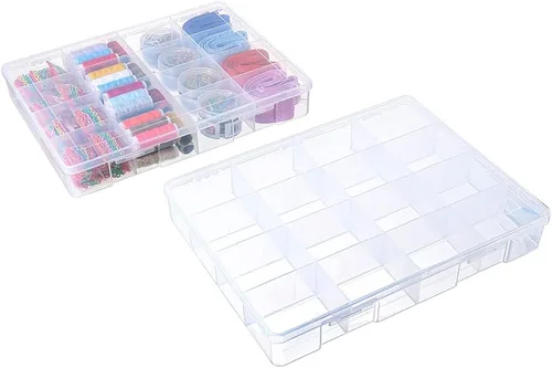 Vista 9 de Paquete de 2 cajas fijas de plástico transparente con compartimento de 18 rejillas, organizador transparente con tapa para cuentas, botón, hardware