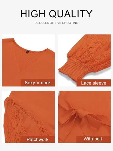 Vista 5 de MEROKEETY Vestido de suéter de manga larga con cuello en V para mujer, sexy, de punto envolvente, ajustado, con cinturón