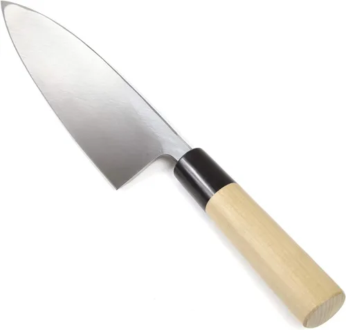 Vista 3 de Cuchillo de chef japonés para sushi Shiroko (acero blanco), mango de madera de magnolia en forma de D, Deba 6.5 pulgadas (6.496 in)