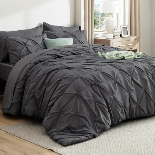 Vista 82 de Bedsure - Juego de edredón tamaño individual gris - Ropa de cama tamaño individual en una bolsa de 5 piezas, juego de cama Pintuck GentleSoft™