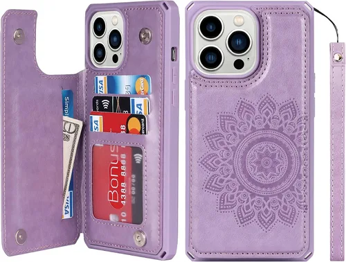 Vista 11 de iCoverCase Funda de billetera compatible con iPhone 13 Pro Max con tarjetero para mujer, cuero PU en relieve con bloqueo RFID y correa de muñeca