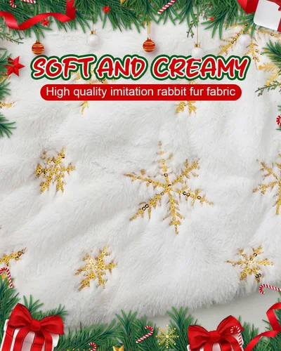 Vista 5 de Falda de árbol de Navidad de 36 pulgadas, falda de árbol de piel sintética blanca con copos de nieve dorados, tapete de árbol de Navidad suave