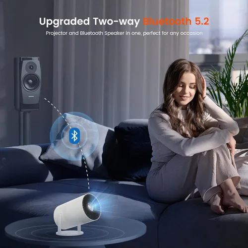 Vista 3 de Mini proyector con WiFi y Bluetooth, proyector de películas portátil con rotación de 180°, compatible con HD de 1080P, Keystone vertical automático