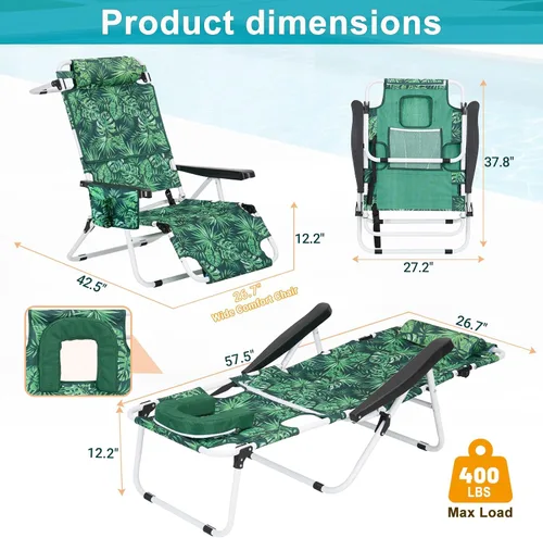 Vista 2 de ABORON Silla de bronceado ajustable de 5 posiciones con orificio para la cara, salón de playa plegable portátil para tomar el sol, tumbona
