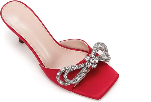 Vista 4 de VETASTE Women's Heeled Sandals Square Open Toe Double Bow Satin Mules Heels Wedding Party Slip on Stilettos