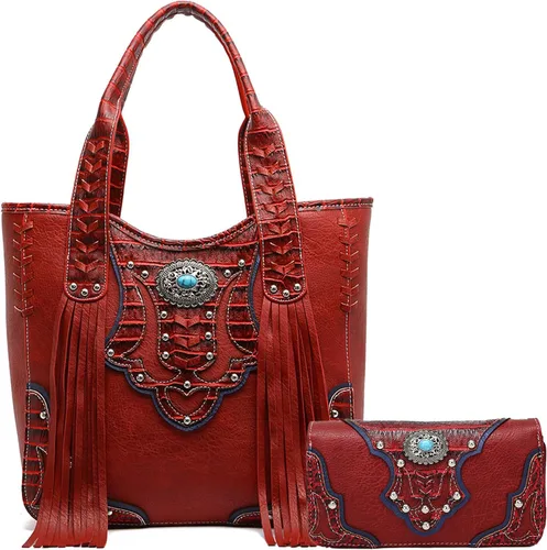 Vista 9 de Estilo occidental vaquera tejida con flecos de cocodrilo magnífico monedero conchos Tote Country Women bolso bolso hombro cartera conjunto 1 juego