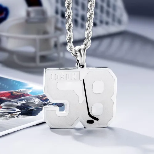 Vista 2 de Collar con números personalizados de acero inoxidable con grabado en la parte trasera y nombre, collar con colgante de nombre deportivo, cadena