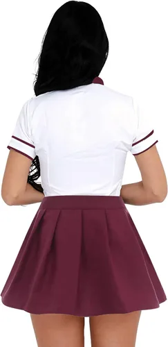 Vista 3 de FEESHOW Conjunto de uniforme para mujer, disfraz de cosplay con falda a cuadros Borgoña