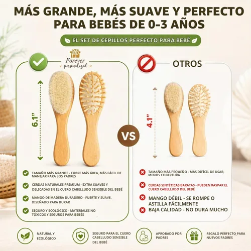 Vista 4 de Juego de cepillos para bebé Cepillo de madera personalizado Esenciales para niña recién nacida 3 piezas