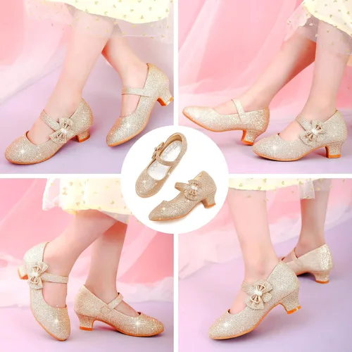 Vista 6 de Dufannie Zapatos de vestir para niñas, zapatos de tacón bajo de princesa, zapatos planos con purpurina para bodas y fiestas