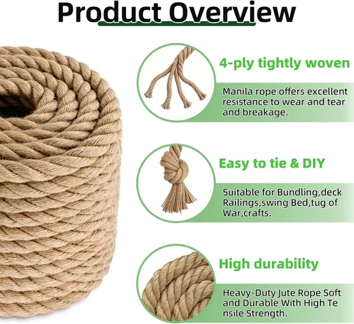 Vista 3 de Cuerda de yute trenzado (3/4 pulgadas x 20 pies), cuerda de cáñamo gruesa natural para manualidades, barandillas, hamaca, decoración
