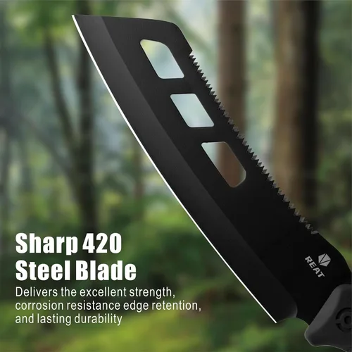 Vista 3 de REAT Machete con sierra, machete resistente de 16 pulgadas con funda, cuchillo de jardinería de doble propósito para cortar y aserrar, mango