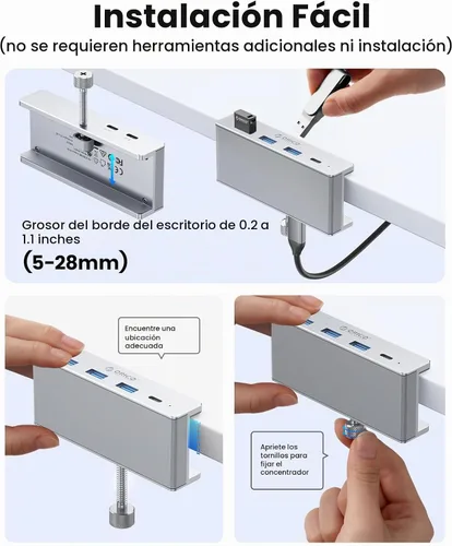Vista 7 de ORICO Hub USB 3.0, Abrazadera USB Hub con puerto de alimentación adicional, 3 puertos de datos USB-A, puerto USB-C para monitores, escritorios