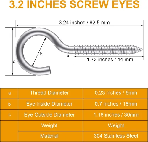 Vista 2 de Paquete de 6 ojos de tornillo de acero inoxidable 304 de 3.2 pulgadas, ganchos de rosca resistentes para soporte de hamaca, techo interior y exterior