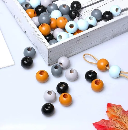 Vista 6 de woodeni - 50 piezas de cuentas de madera para macramé para guirnaldas, decoración para colgar en la pared, 20 mm, colores negro, café, azul claro