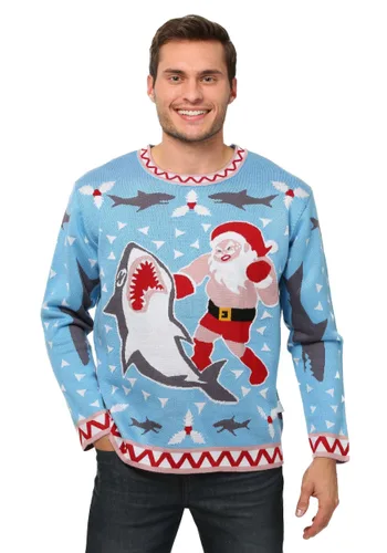 Vista 2 de Suéter navideño feo Santa vs. tiburón para hombre Multicolor
