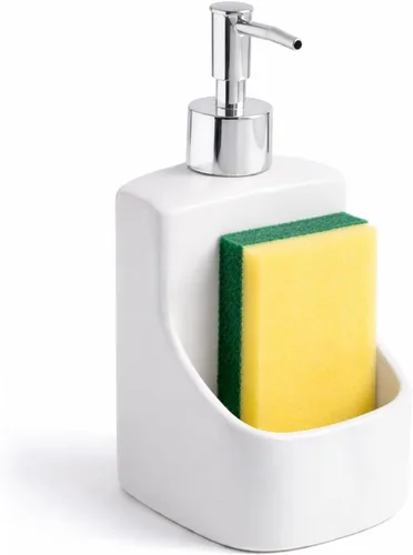 Vista 8 de Dispensador de jabón 2 en 1 con soporte para esponja, dispensador de jabón de cocina de cerámica con organizador integrado, organizador de fregadero