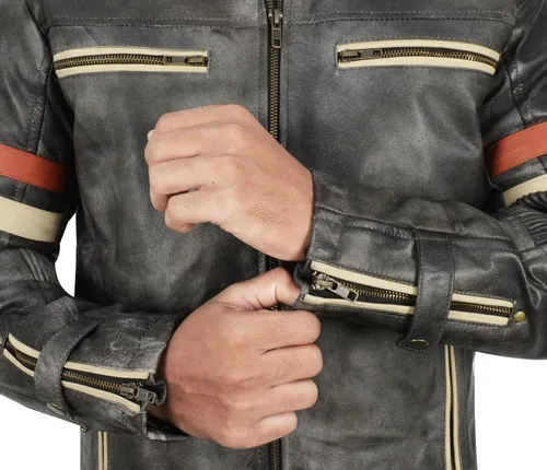 Vista 4 de Spazeup Cafe Racer Chaqueta Vintage Motocicleta Retro Moto Chaqueta de cuero envejecido Chaqueta de motocicleta desgastada para hombre