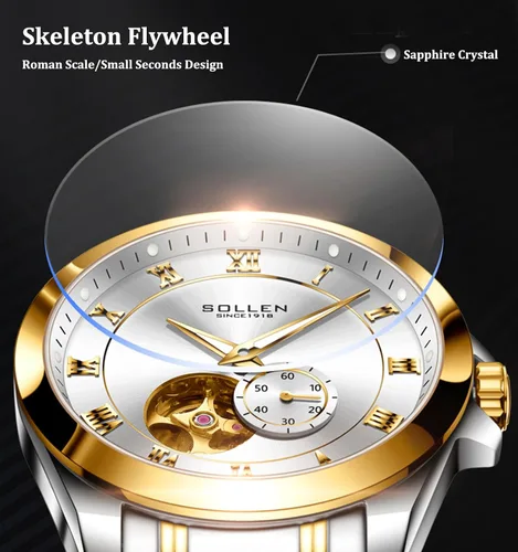 Vista 2 de SOLLEN Reloj mecánico de los hombres, reloj automático clásico de los hombres del acero inoxidable, reloj de pulsera