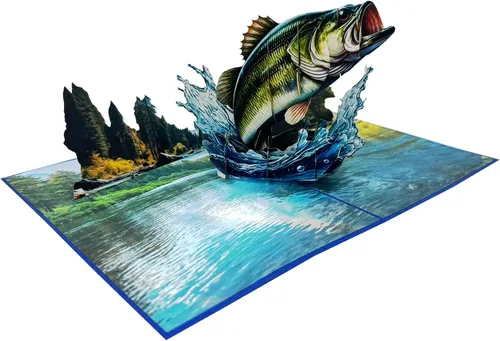 Vista 5 de Bass Fish - Tarjeta de felicitación emergente 3D Diseño de tarjeta de cumpleaños emergente hecha a mano simbólica para cumpleaños, aniversarios