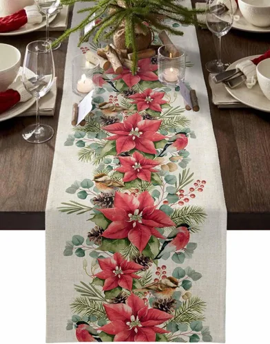 Vista 8 de Camino de mesa con guirnalda de Navidad, algodón y lino, para decoración de Navidad, bufanda larga de 48 pulgadas, para vacaciones, invierno