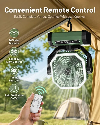 Vista 3 de Allsion Ventilador portátil de 24000 mAh alimentado por batería con control remoto y LED, flujo de aire fuerte de 4 velocidades, ventilador