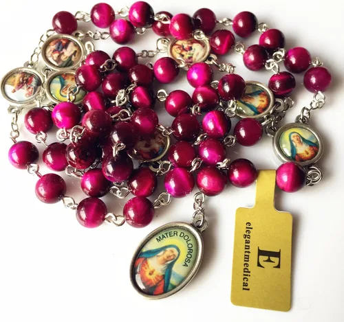 Vista 8 de elegantmedical Hecho a mano con cuentas de jade de ojo de tigre rojo raro, siete penas, medalla de María, rosario, regalo católico, Jade, No es una
