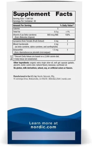 Vista 2 de Nordic Naturals Vitamina A + carotenoides, sin sabor, 30 geles blandos, licopeno y astaxantina, apoya la piel, la salud celular, sin OMG, 30