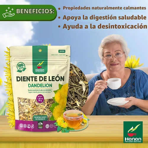 Vista 3 de Hanan Té de raíz de diente de león de hoja suelta – Té de hierbas Diente de León 100% natural de Perú, infusión sin cafeína para apoyo digestivo