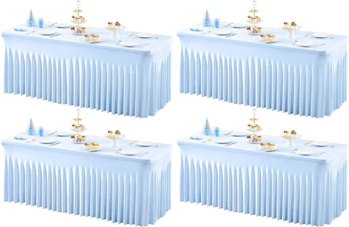 Vista 48 de Paquete de 1 manteles azul bebé para mesas rectangulares de 4 pies, cubiertas de mesa de spandex elástico de una pieza resistentes a las arrugas