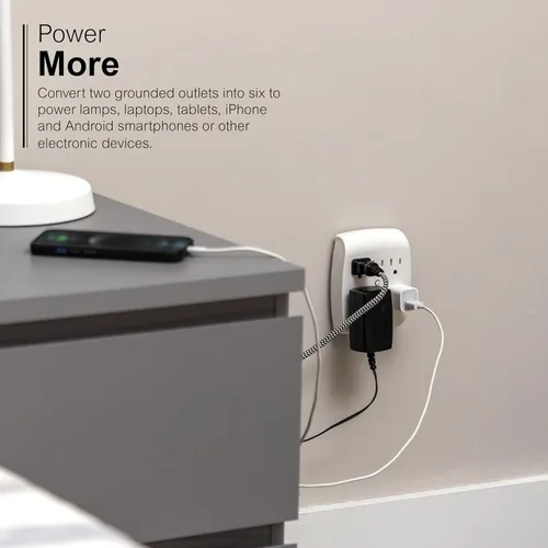 Vista 5 de GE 6-Outlet Extender Wall Tap, Grounded Adapter, Outlet Splitter, Charging Station, 3-Prong, Plug Adapter, Secure Install, Cruise Essentials, ETL