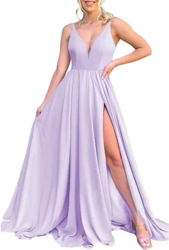 Vista 36 de Vestidos largos de dama de honor para mujer, con abertura, cuello en V, vestido de fiesta formal para boda