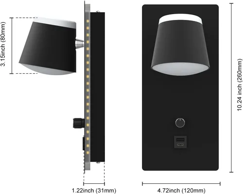 Vista 6 de Sytmhoe Aplique de pared LED con interruptor de atenuación, moderna lámpara de pared regulable con puerto USB + tipo C, iluminación montada