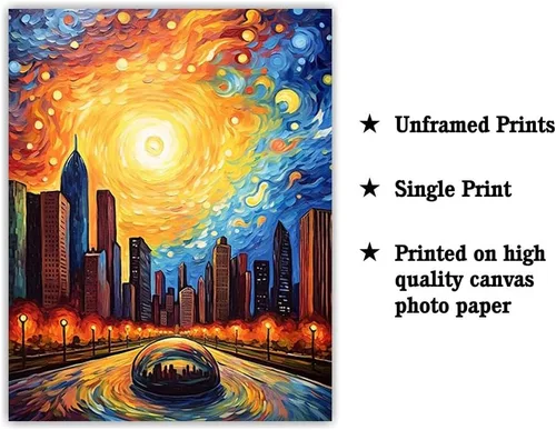 Vista 2 de Bestbuddy Pet 8 x 10 sin marco noche estrellada Chicago Landmark icónica estatua escultura famosa atracción turística gira mundial pintura al óleo