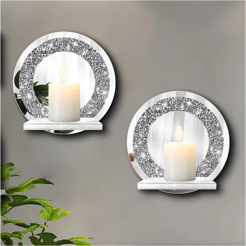 Vista 15 de ZOLAPI Juego de 2 candelabros de cristal con diamantes triturados, espléndido candelabro de pared con espejo plateado redondo, candelabros de vela