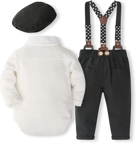 Vista 2 de SALNIER Conjunto de ropa de traje de bebé niño esmoquin trajes de caballero trajes de corbatín camisa tirantes pantalones boina sombrero 0-24M