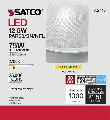 Vista 7 de Satco Bombillas reflectoras LED PAR30 de 12,5 W, de cuello corto, base media E26, blanco cálido de 2700 K, ángulo de haz de 25 grados, regulable