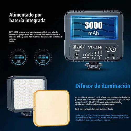 Vista 4 de Mettlelite VL120B Kit de luz LED de video regulable, continuo, portátil, para cámara, iluminación de fotografía, luz de video recargable con trípode