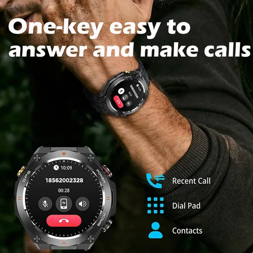 Vista 4 de Yihou ABC - Reloj inteligente de seguimiento GPS para hombre, senderismo, correr, resistente, militar, con marca/respuesta de llamada, brújula Negro